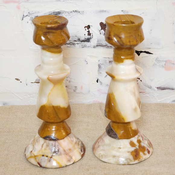 Vintage Marble Candle Holders Brown-Cream-White Made in Mexico Set/2 - 6.5" Tall - Picture 3 of 8